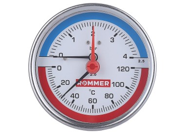 ROMMER Термоманометр аксиальный в комплекте с автоматическим запорным клапаном, корпус Dn 80 мм 1/2`` , 0...120°C, 0-4 бар