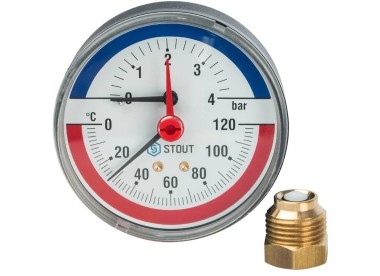 STOUT Термоманометр аксиальный в комплекте с автоматическим запорным клапаном. Корпус Dn 80 мм 1/2``, 0...120°C, 0-4 бар.