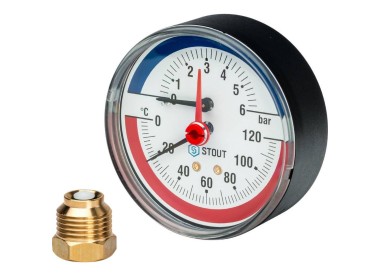 STOUT Термоманометр аксиальный в комплекте с автоматическим запорным клапаном. Корпус Dn 80 мм 1/2``, 0...120°C, 0-6 бар.