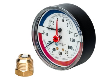 STOUT Термоманометр аксиальный в комплекте с автоматическим запорным клапаном. Корпус Dn 80 мм 1/2``, 0...120°C, 0-10 бар.
