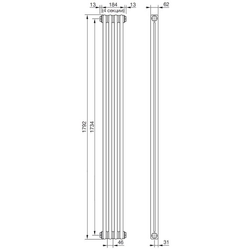 ZEHNDER Радиатор трубчатый 2-колончатый Charleston 2180, 10 секций, боковое подключение