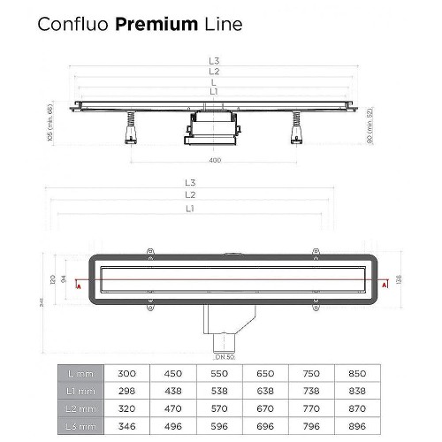 PESTAN Душевой лоток Confluo Premium Black Glass Line 650 мм, хром матовый/черное стекло
