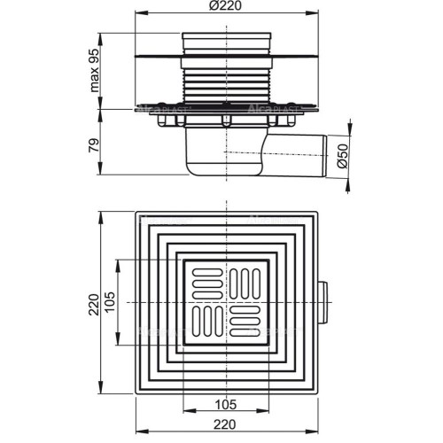 ALCAPLAST Душевой трап APV1324, горизонтальный сток, 105×105/50 мм
