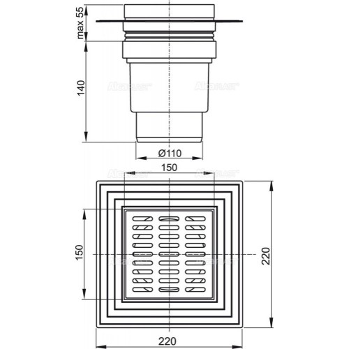 ALCAPLAST Душевой трап APV13, вертикальный сток, 150×150/110 мм