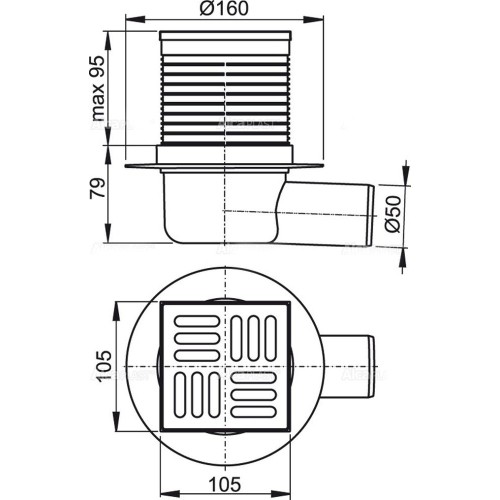 ALCAPLAST Душевой трап APV1, горизонтальный сток, 105×105/50 мм