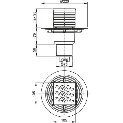 ALCAPLAST Душевой трап APV202, вертикальный сток, 105×105/50/75 мм
