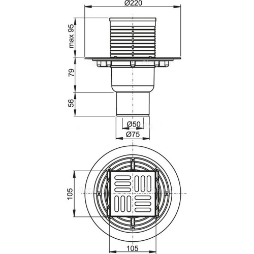 ALCAPLAST Душевой трап APV2321, вертикальный сток, 105×105/50/75 мм