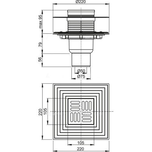 ALCAPLAST Душевой трап APV2324, вертикальный сток, 105×105/50/75 мм