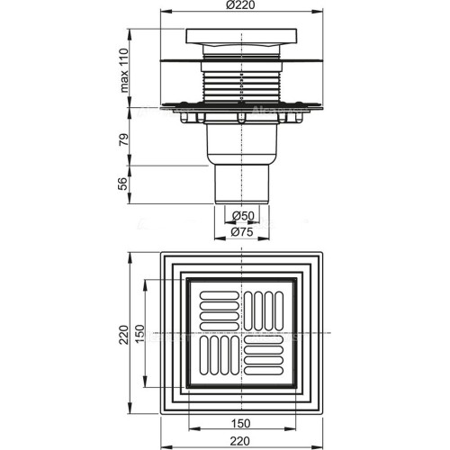 ALCAPLAST Душевой трап APV4444, вертикальный сток, 150×150/50/75 мм