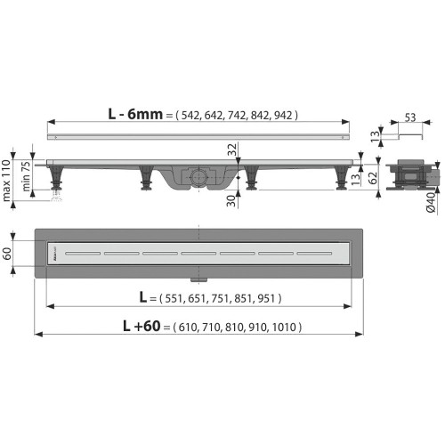 ALCAPLAST Душевой лоток Simple APZ18 с решеткой, горизонтальный сток, 550 мм