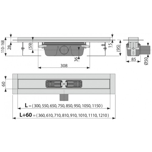 ALCAPLAST Душевой лоток Professional APZ6 без решетки, горизонтальный сток, 300 мм