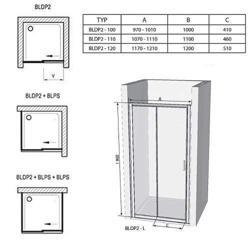 RAVAK Душевая дверь Blix BLDP2-110 раздвижная, двухэлементная, профиль блестящий, витраж стекло Transparent