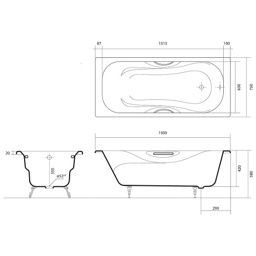 AQUATEK Ванна чугунная Гамма 150 x 75 см (в комплекте с ножками и ручками)