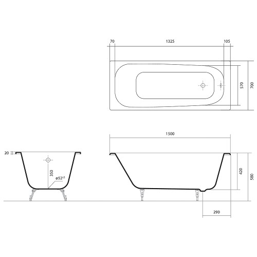 AQUATEK Ванна чугунная Сигма 150 x 70 см (в комплекте с ножками)