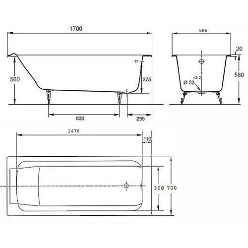 JACOB DELAFON Ванна чугунная Parallel 170 x 70 прямоугольная, с отверстиями для ручек и антискользящим покрытием