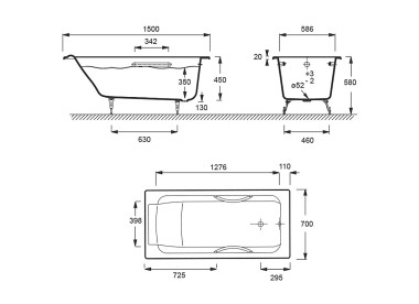 JACOB DELAFON Ванна чугунная Parallel 150 x 70 прямоугольная, с отверстиями для ручек и антискользящим покрытием