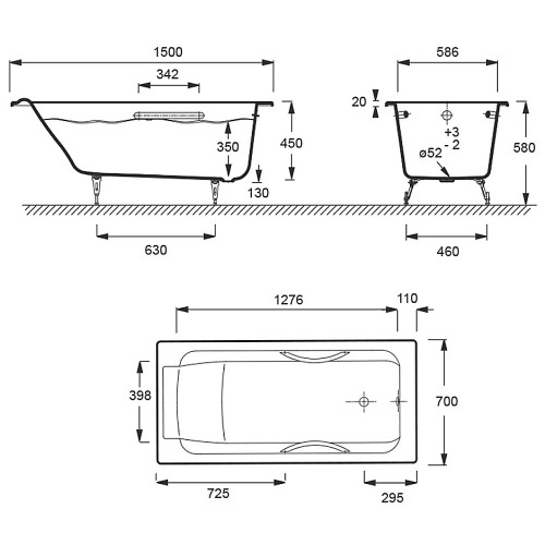JACOB DELAFON Ванна чугунная Parallel 150 x 70 прямоугольная, с отверстиями для ручек и антискользящим покрытием