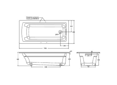 JACOB DELAFON Ванна чугунная Archer 170 x 80 прямоугольная, с отверстиями для ручек и антискользящим покрытием
