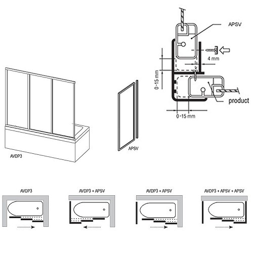 RAVAK Дверь на ванну AVDP3-180 раздвижная, трехэлементная, профиль белый, витраж стекло Transparent