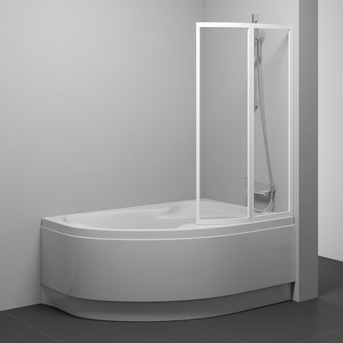 RAVAK Шторка для ванны Rosa VSK2 / 160, двухэлементная с поворотной частью, правая, белый профиль, витраж полистирол Rain
