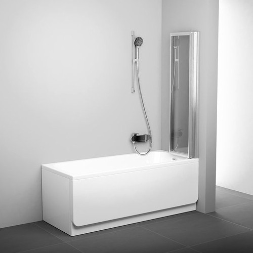 RAVAK Шторка для ванны VS3 / 115, складывающаяся трехэлементная, профиль белый, витраж полистирол Rain