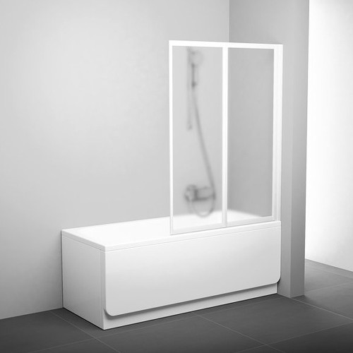 RAVAK Шторка для прямоугольной ванны VS2, складывающаяся двухэлементная, профиль белый, витраж полистирол Rain