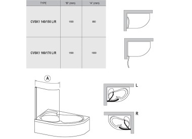 RAVAK Шторка для ванны Rosa CVSK1  / 140/150, одноэлементная поворотная, левая, профиль блестящий, витраж стекло Transparent