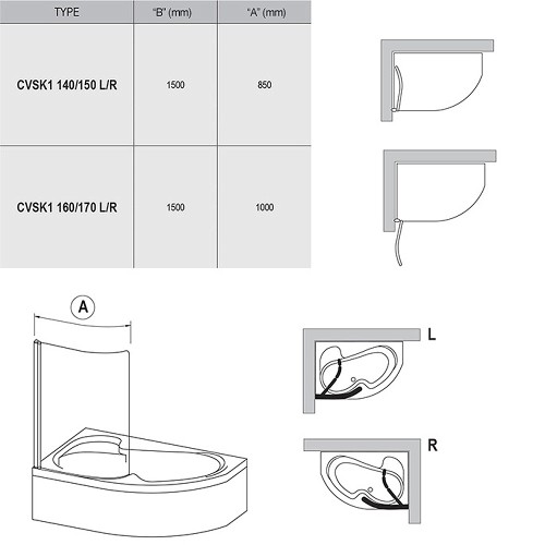 RAVAK Шторка для ванны Rosa CVSK1  / 160/170, одноэлементная поворотная, левая, профиль белый, витраж стекло Transparent