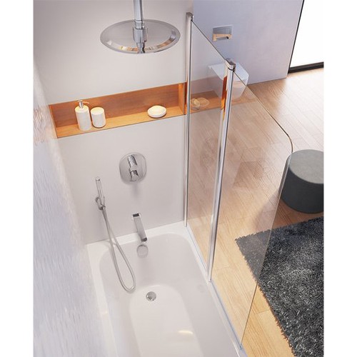 RAVAK Шторка для прямоугольной ванны CVS2, двухэлементная с поворотной частью, правая, профиль блестящий, витраж стекло Transparent