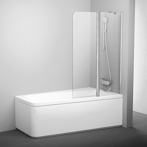 RAVAK Шторка для ванны 10CVS2, двухэлементная для ассиметричной ванны 10°, правая, профиль блестящий, витраж стекло Transparent
