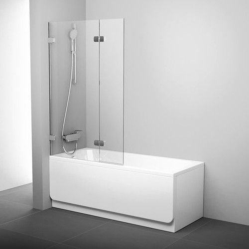 RAVAK Шторка для прямоугольной ванны BVS2,  двухэлементная с поворотной частью, левая, профиль хром, витраж стекло Transparent