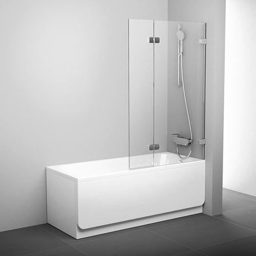 RAVAK Шторка для прямоугольной ванны BVS2,  двухэлементная с поворотной частью, правая, профиль хром, витраж стекло Transparent