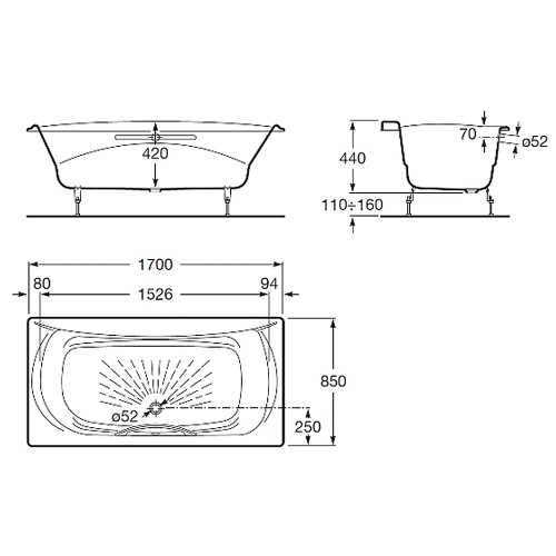 ROCA Ванна чугунная Akira 170 x 85 прямоугольная, с отверстиями для ручек и антискользящим покрытием