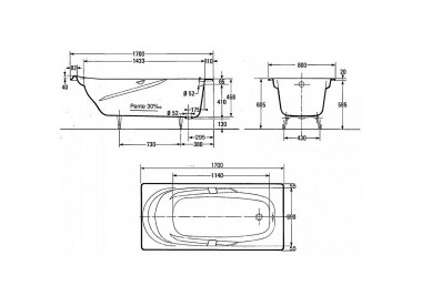 JACOB DELAFON Ванна чугунная Adagio 170 x 80 прямоугольная, с отверстиями для ручек и антискользящим покрытием