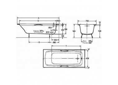 JACOB DELAFON Ванна чугунная Diapason 170 x 75 прямоугольная, с отверстиями для ручек и антискользящим покрытием